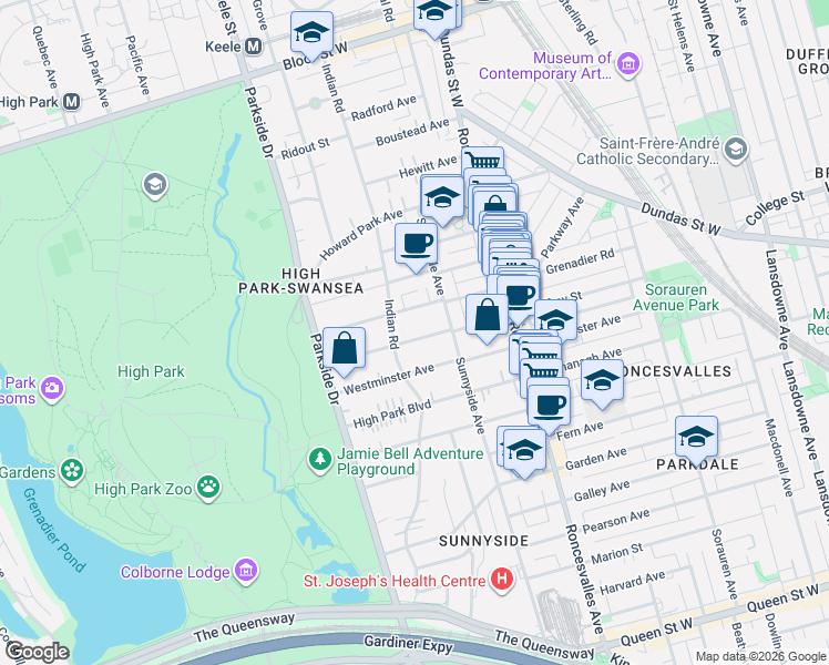 map of restaurants, bars, coffee shops, grocery stores, and more near 182 Geoffrey Street in Toronto