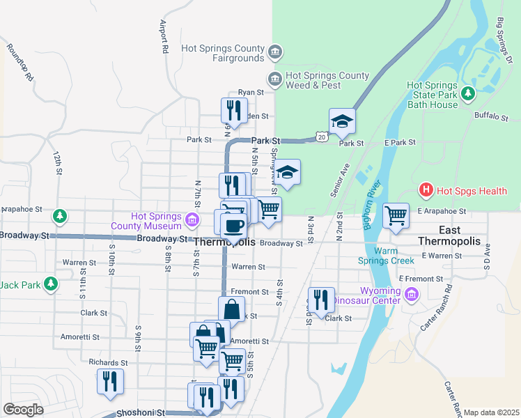 map of restaurants, bars, coffee shops, grocery stores, and more near 440 Arapahoe Street in Thermopolis
