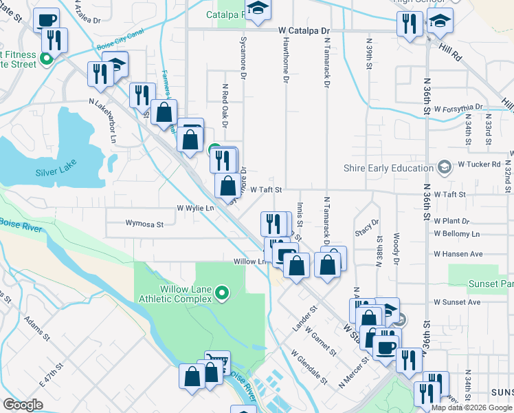 map of restaurants, bars, coffee shops, grocery stores, and more near 4400 West State Street in Boise