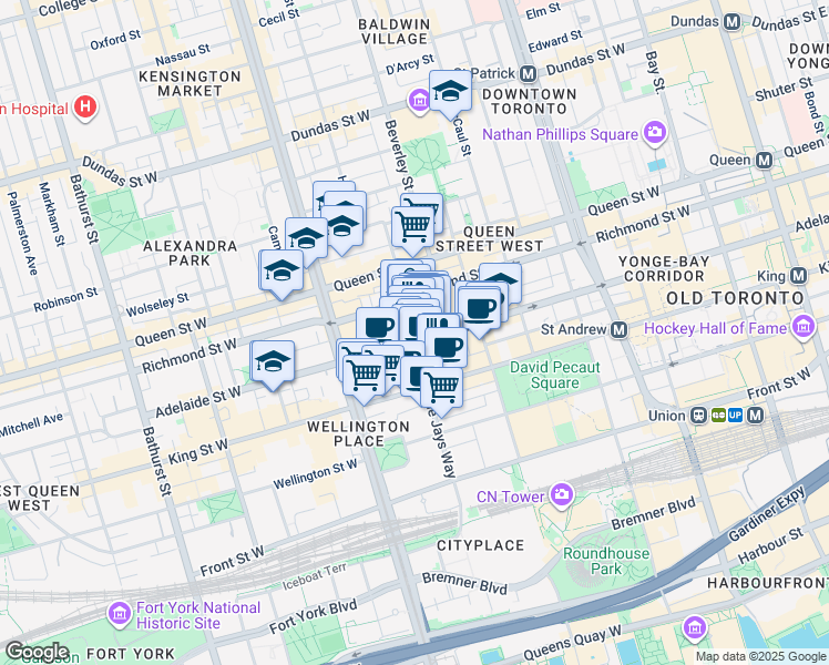 map of restaurants, bars, coffee shops, grocery stores, and more near 338 Adelaide Street West in Toronto