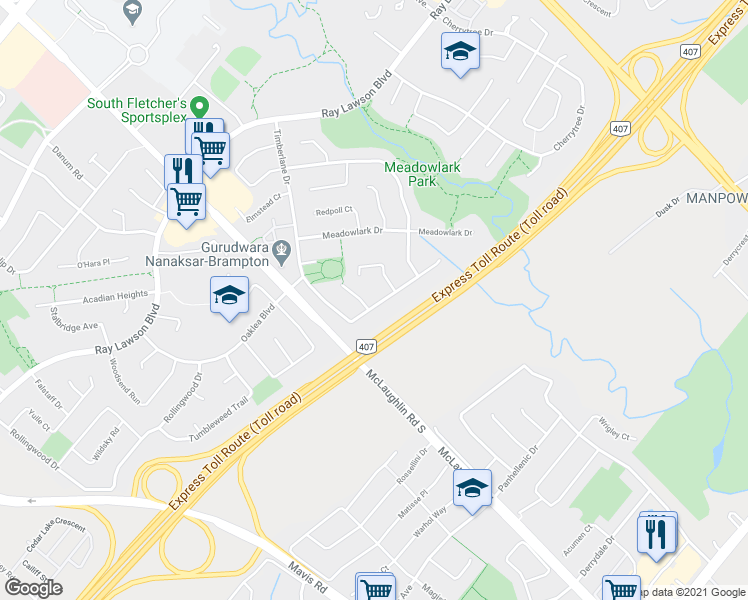 map of restaurants, bars, coffee shops, grocery stores, and more near 159 Timberlane Drive in Brampton