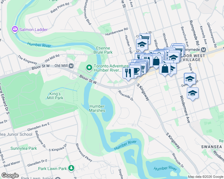 map of restaurants, bars, coffee shops, grocery stores, and more near 7 Brule Terrace in Toronto