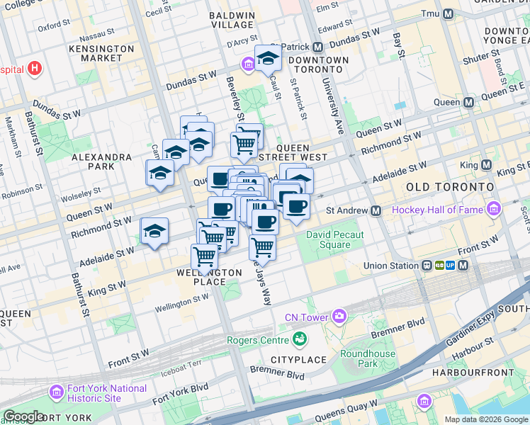 map of restaurants, bars, coffee shops, grocery stores, and more near Adelaide St W & Widmer St in Toronto