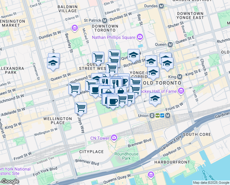 map of restaurants, bars, coffee shops, grocery stores, and more near 200 Wellington Street West in Toronto