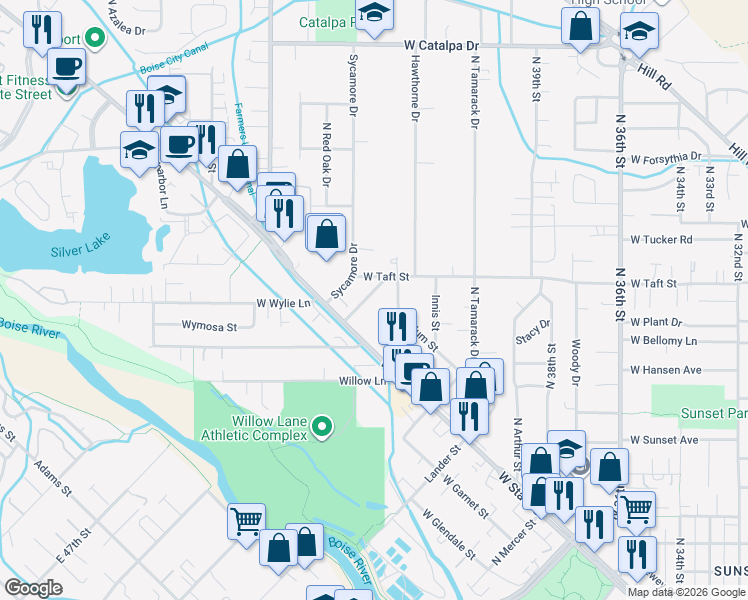 map of restaurants, bars, coffee shops, grocery stores, and more near 4400 West State Street in Boise