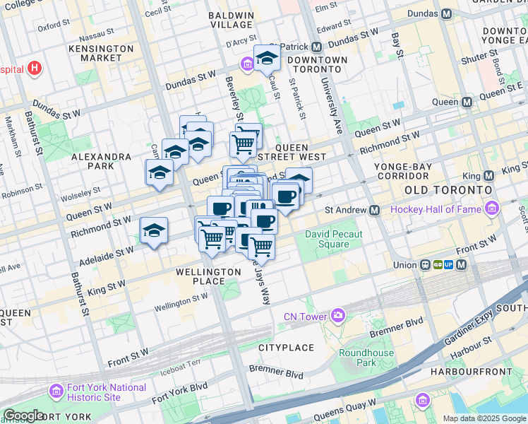map of restaurants, bars, coffee shops, grocery stores, and more near Widmer Street in Toronto