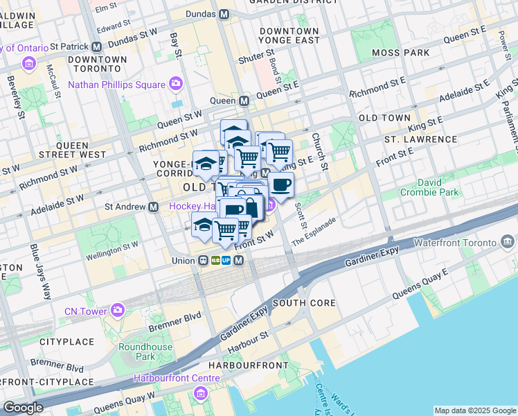 map of restaurants, bars, coffee shops, grocery stores, and more near 7 Wellington Street West in Toronto