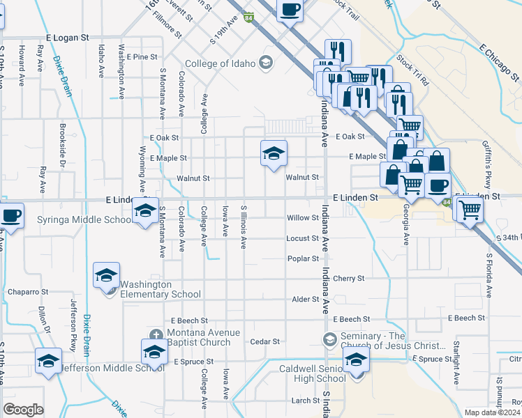 map of restaurants, bars, coffee shops, grocery stores, and more near 2516 Wisconsin Avenue in Caldwell