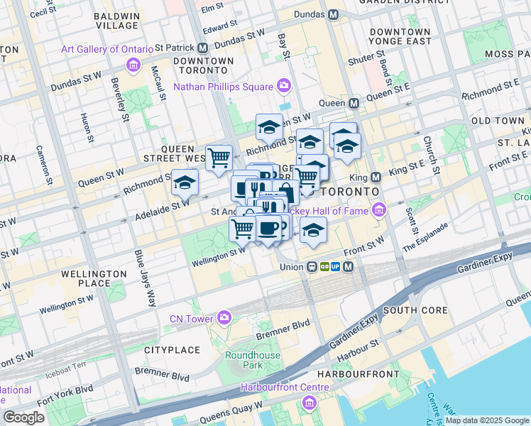map of restaurants, bars, coffee shops, grocery stores, and more near 145 King Street West in Toronto