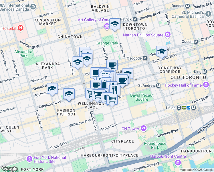 map of restaurants, bars, coffee shops, grocery stores, and more near 338 Adelaide Street West in Toronto