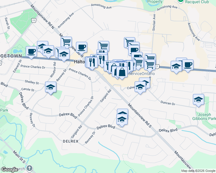 map of restaurants, bars, coffee shops, grocery stores, and more near 8 Sargent Road in Halton Hills