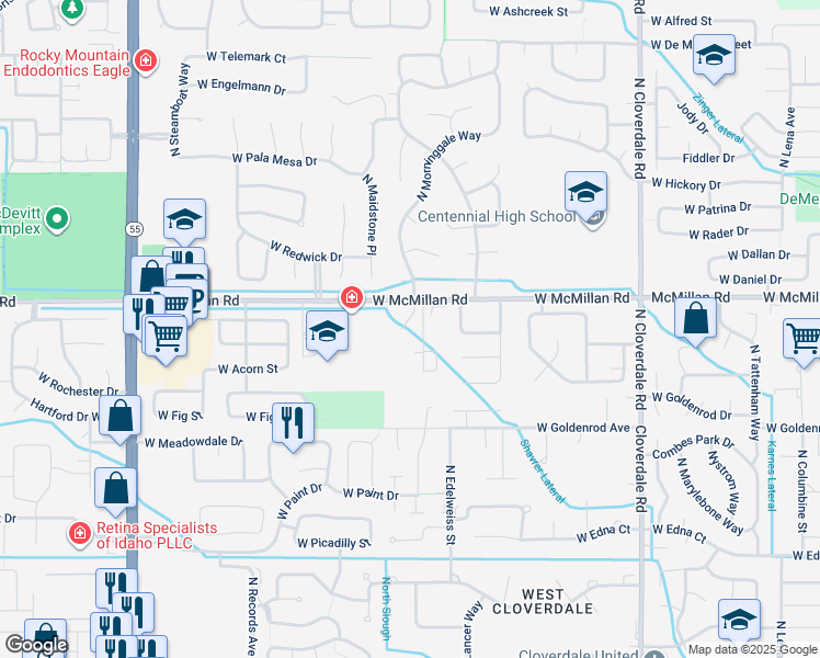 map of restaurants, bars, coffee shops, grocery stores, and more near 4772 North Morninggale Drive in Boise