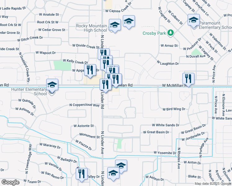 map of restaurants, bars, coffee shops, grocery stores, and more near 4650 North Linder Road in Meridian