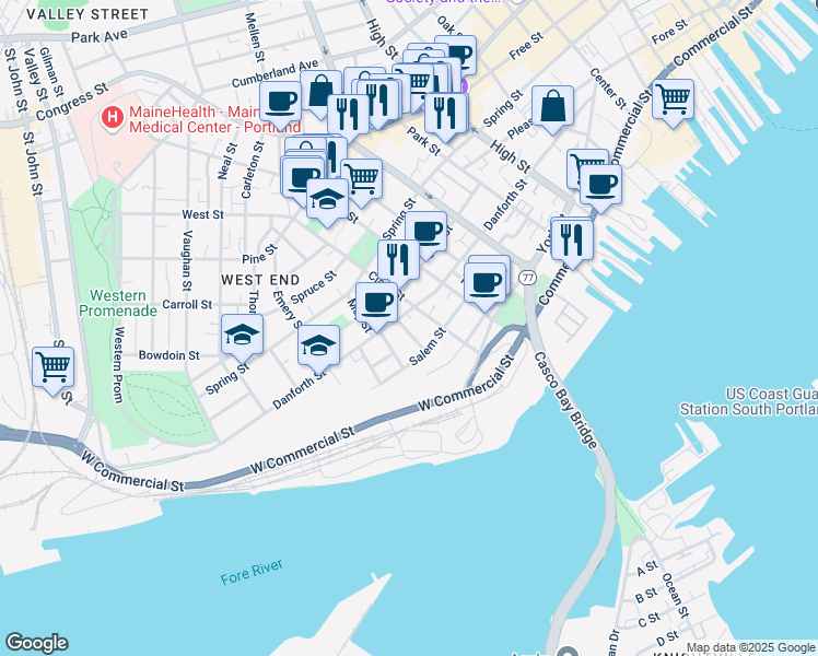 map of restaurants, bars, coffee shops, grocery stores, and more near 12 Briggs Street in Portland