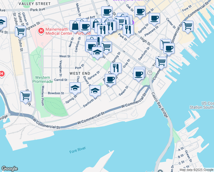 map of restaurants, bars, coffee shops, grocery stores, and more near 254 Danforth Street in Portland