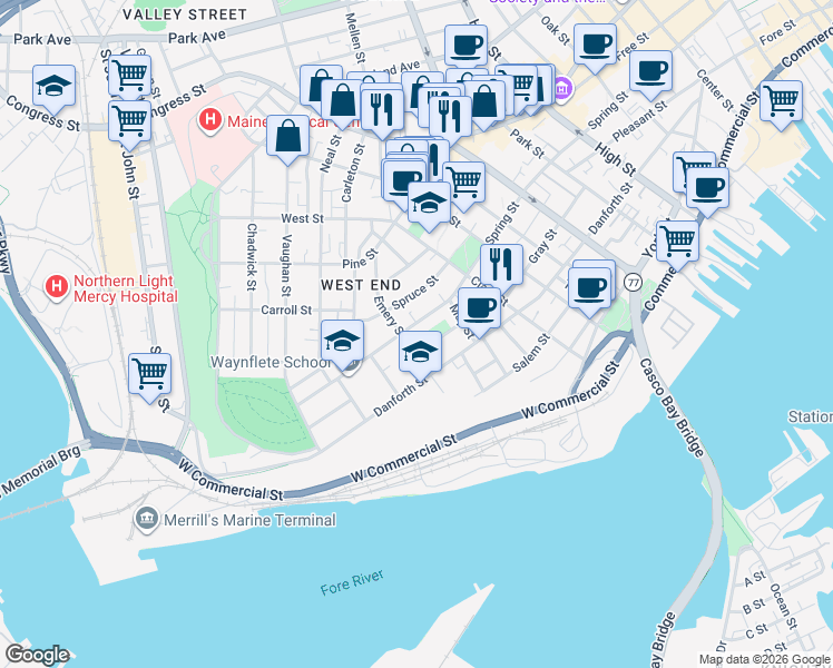 map of restaurants, bars, coffee shops, grocery stores, and more near 279 Danforth Street in Portland