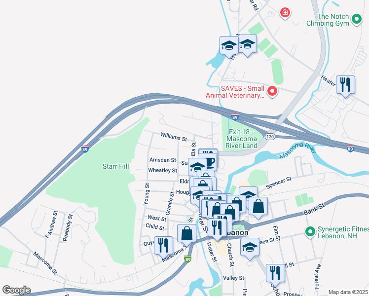 map of restaurants, bars, coffee shops, grocery stores, and more near 18 Colburn Street in Lebanon