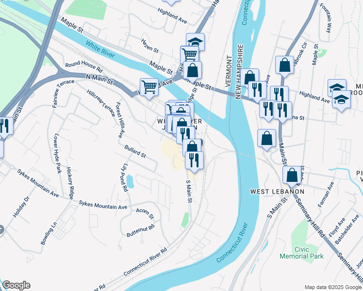 map of restaurants, bars, coffee shops, grocery stores, and more near 97 South Main Street in Hartford