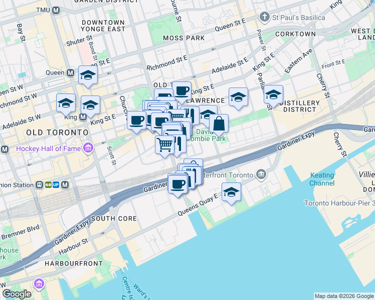 map of restaurants, bars, coffee shops, grocery stores, and more near in Toronto