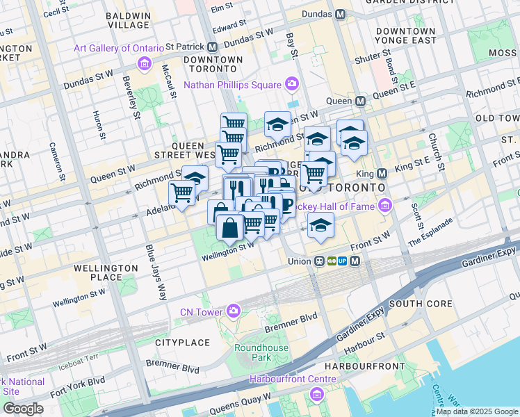 map of restaurants, bars, coffee shops, grocery stores, and more near 206 Wellington Street West in Toronto