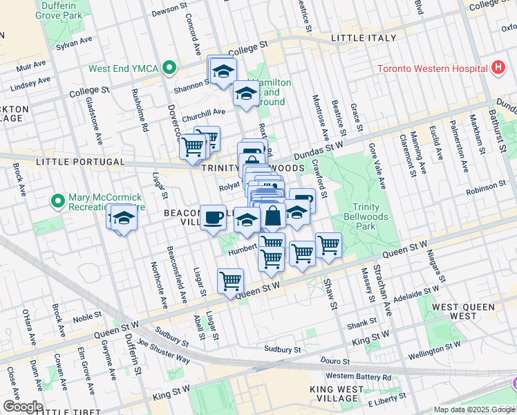 map of restaurants, bars, coffee shops, grocery stores, and more near in Toronto