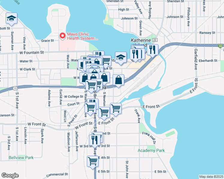 map of restaurants, bars, coffee shops, grocery stores, and more near 221 East College Street in Albert Lea