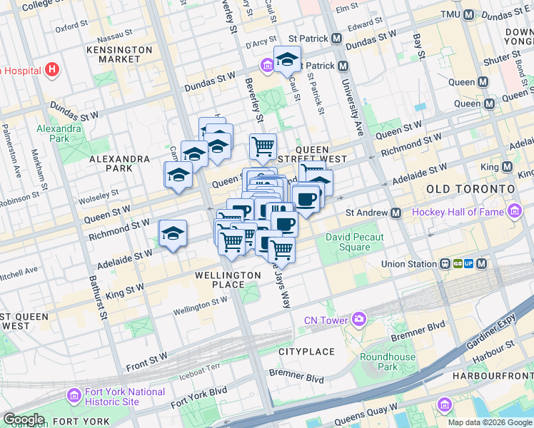 map of restaurants, bars, coffee shops, grocery stores, and more near 101 Peter Street in Toronto