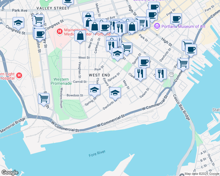 map of restaurants, bars, coffee shops, grocery stores, and more near 78 Emery Street in Portland