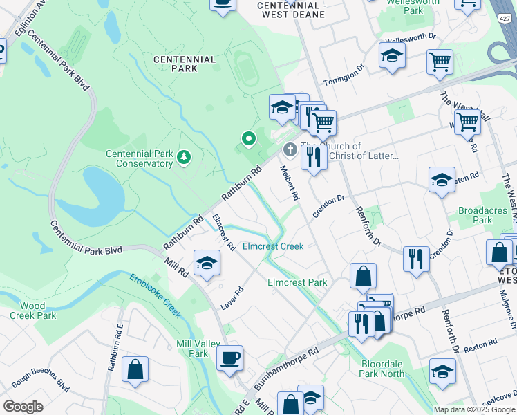 map of restaurants, bars, coffee shops, grocery stores, and more near 7 Ivy Bridge Drive in Toronto