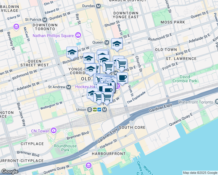 map of restaurants, bars, coffee shops, grocery stores, and more near 26 Wellington Street West in Toronto