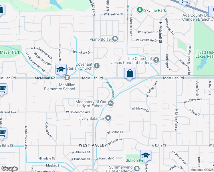 map of restaurants, bars, coffee shops, grocery stores, and more near 4732 North Fieldcrest Way in Boise