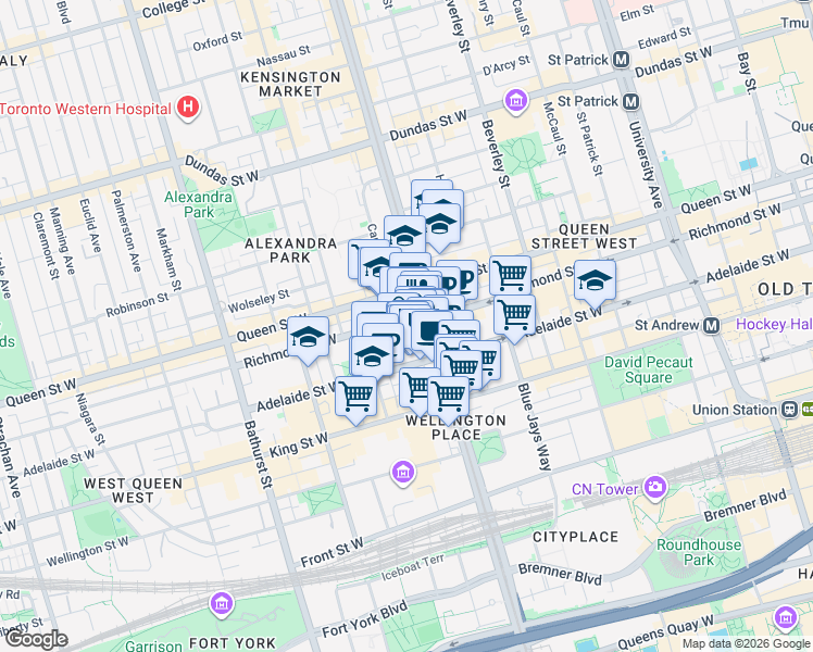 map of restaurants, bars, coffee shops, grocery stores, and more near 435 Richmond Street West in Toronto