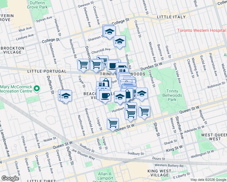 map of restaurants, bars, coffee shops, grocery stores, and more near 44 Foxley Street in Toronto