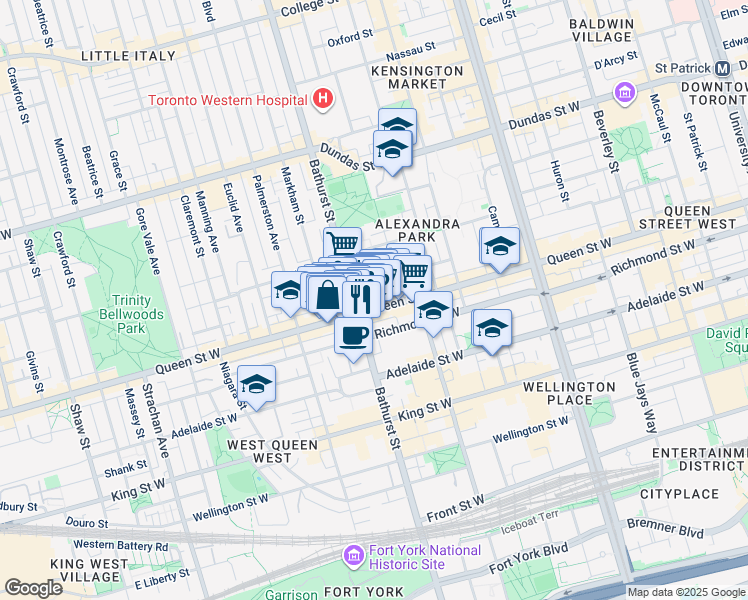 map of restaurants, bars, coffee shops, grocery stores, and more near 633 1/2 Queen Street West in Toronto