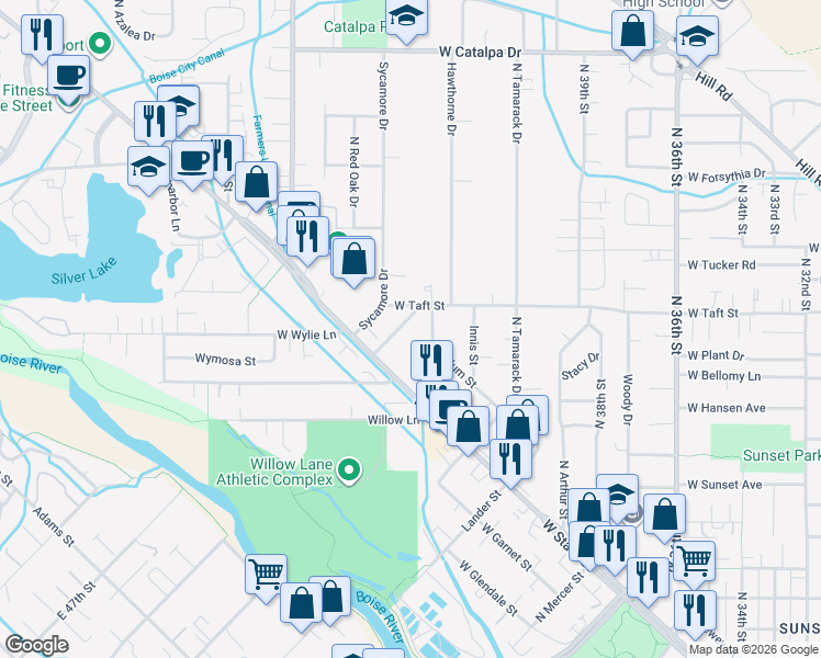 map of restaurants, bars, coffee shops, grocery stores, and more near 4400 West State Street in Boise