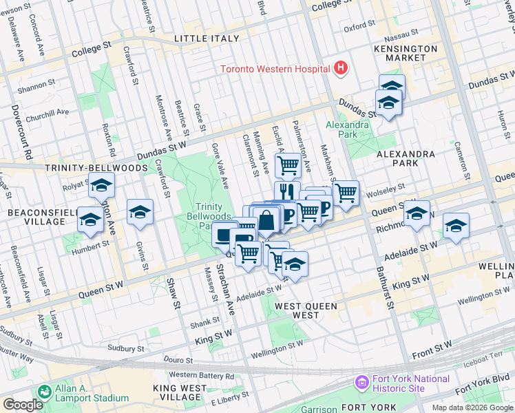 map of restaurants, bars, coffee shops, grocery stores, and more near 114 Robinson Street in Toronto