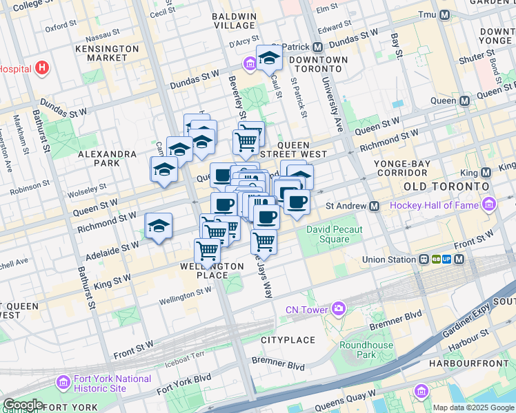 map of restaurants, bars, coffee shops, grocery stores, and more near in Toronto