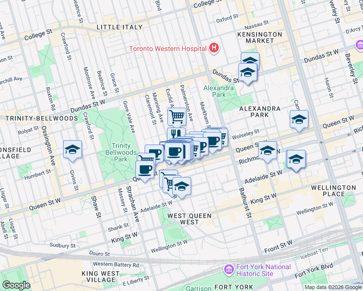 map of restaurants, bars, coffee shops, grocery stores, and more near 46 Euclid Avenue in Toronto