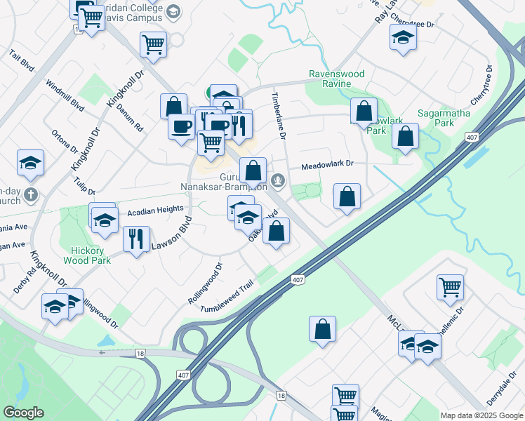 map of restaurants, bars, coffee shops, grocery stores, and more near 8 Skranda Hill in Brampton
