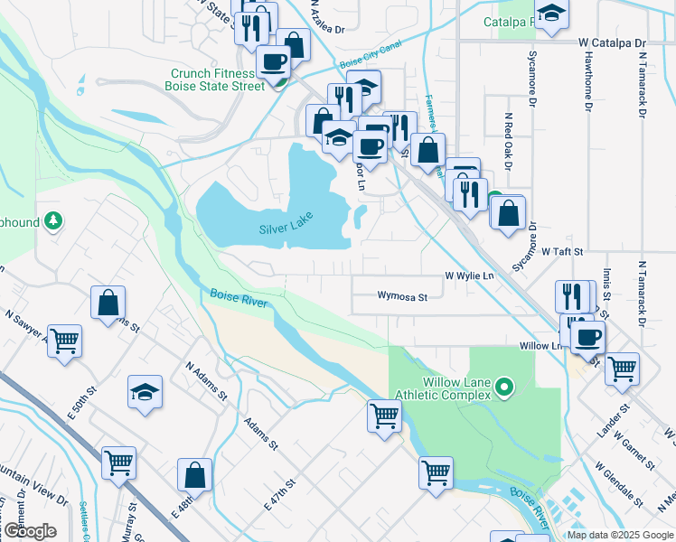 map of restaurants, bars, coffee shops, grocery stores, and more near 5216 Wylie Lane in Boise