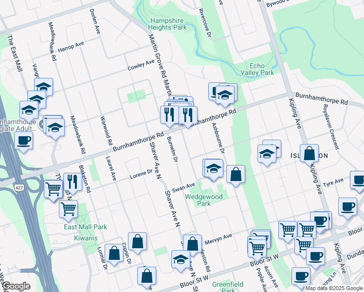 map of restaurants, bars, coffee shops, grocery stores, and more near 118 Martin Grove Road in Toronto