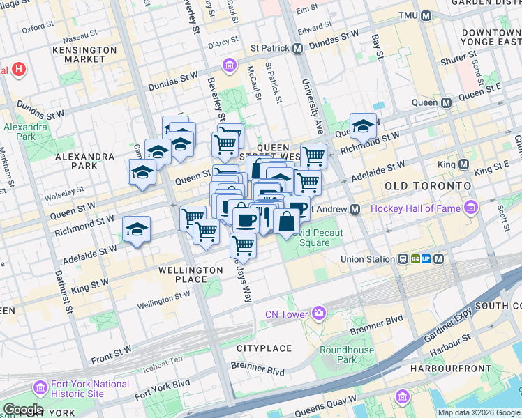 map of restaurants, bars, coffee shops, grocery stores, and more near 295 Adelaide Street West in Toronto
