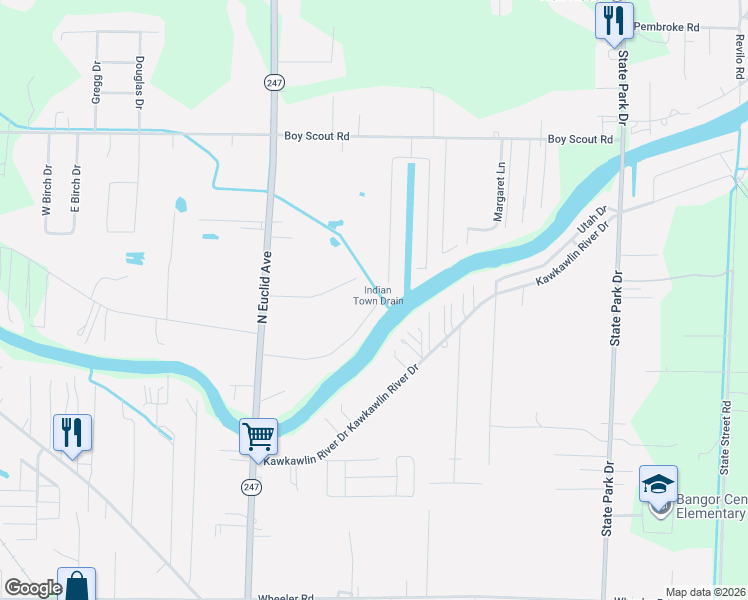 map of restaurants, bars, coffee shops, grocery stores, and more near 3596 Miller Road in Bay City