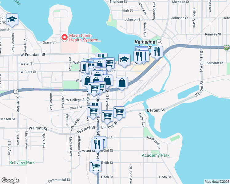 map of restaurants, bars, coffee shops, grocery stores, and more near 221 East College Street in Albert Lea