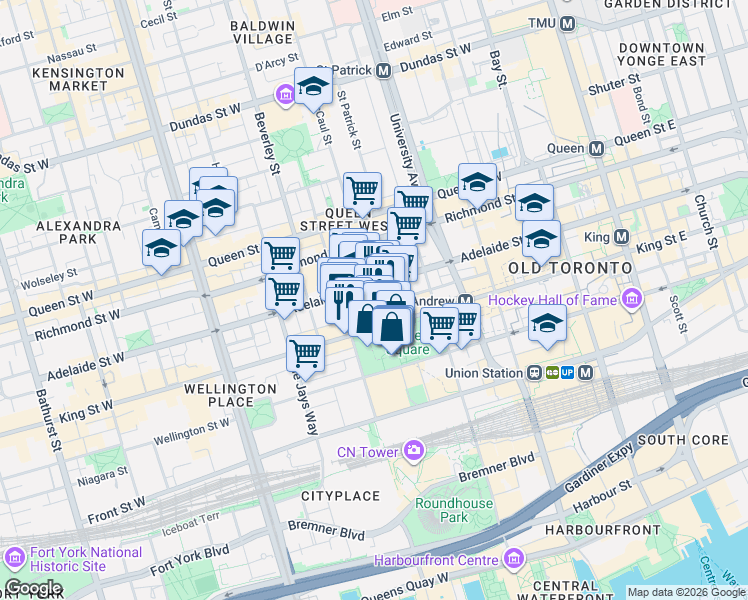 map of restaurants, bars, coffee shops, grocery stores, and more near 14 Duncan Street in Toronto