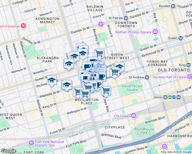 map of restaurants, bars, coffee shops, grocery stores, and more near 108 Peter Street in Toronto