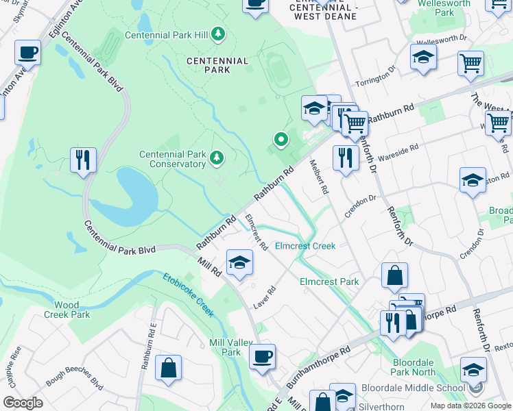 map of restaurants, bars, coffee shops, grocery stores, and more near 2 Canerouth Drive in Toronto