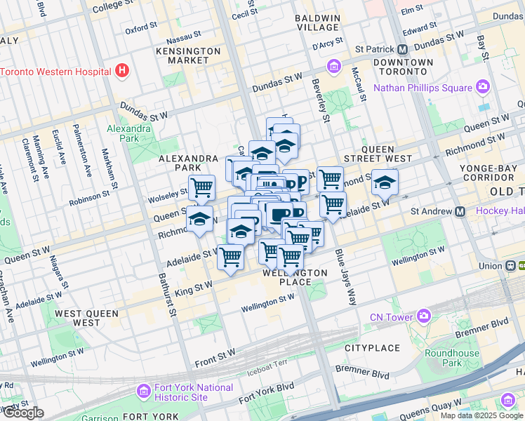 map of restaurants, bars, coffee shops, grocery stores, and more near in Toronto