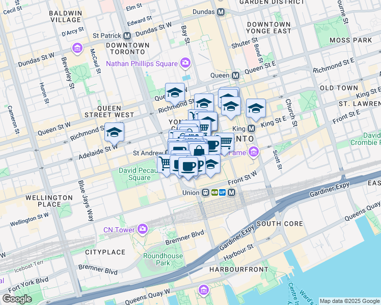 map of restaurants, bars, coffee shops, grocery stores, and more near 121 King Street West in Toronto