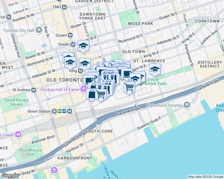 map of restaurants, bars, coffee shops, grocery stores, and more near 8 Church Street in Toronto